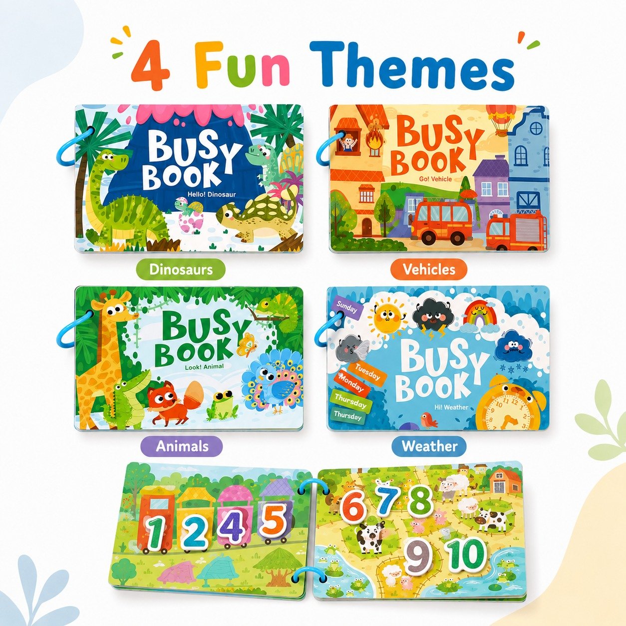 Four busy book themes - dinosaurs, vehicles, animals and weather