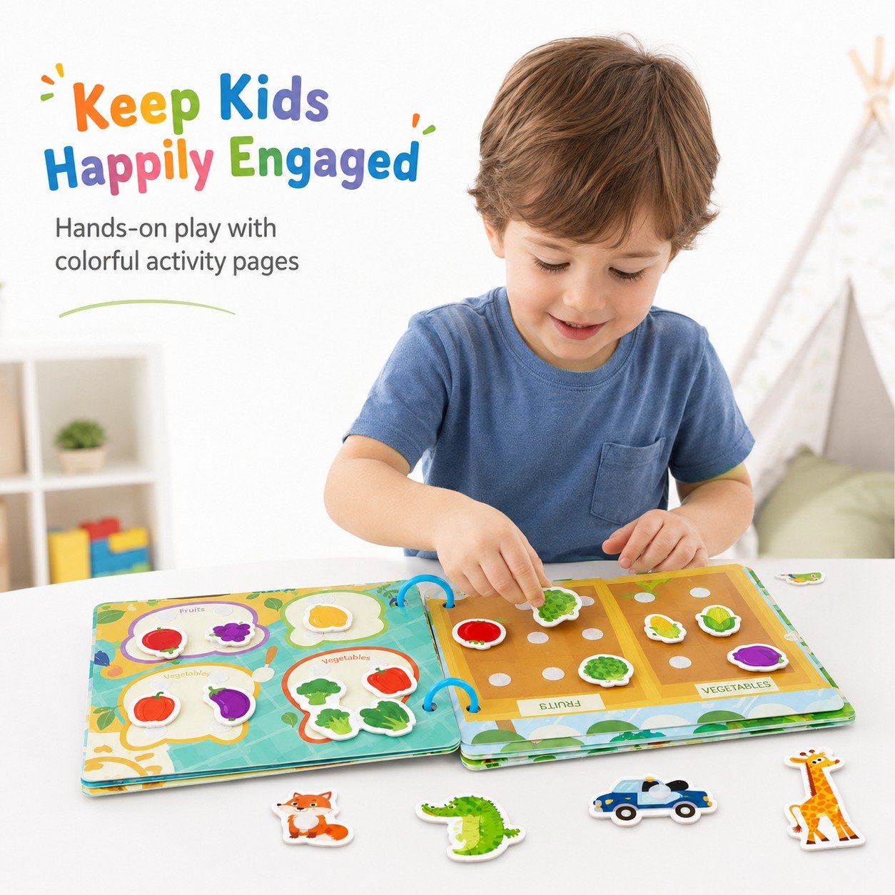 Child happily engaged with the interactive busy book