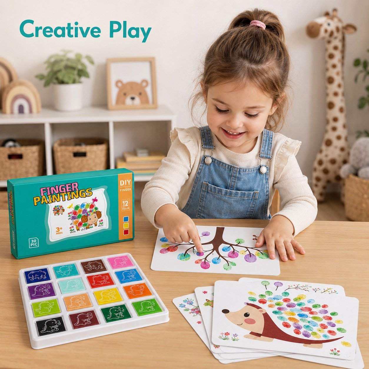 Child enjoying creative finger painting play