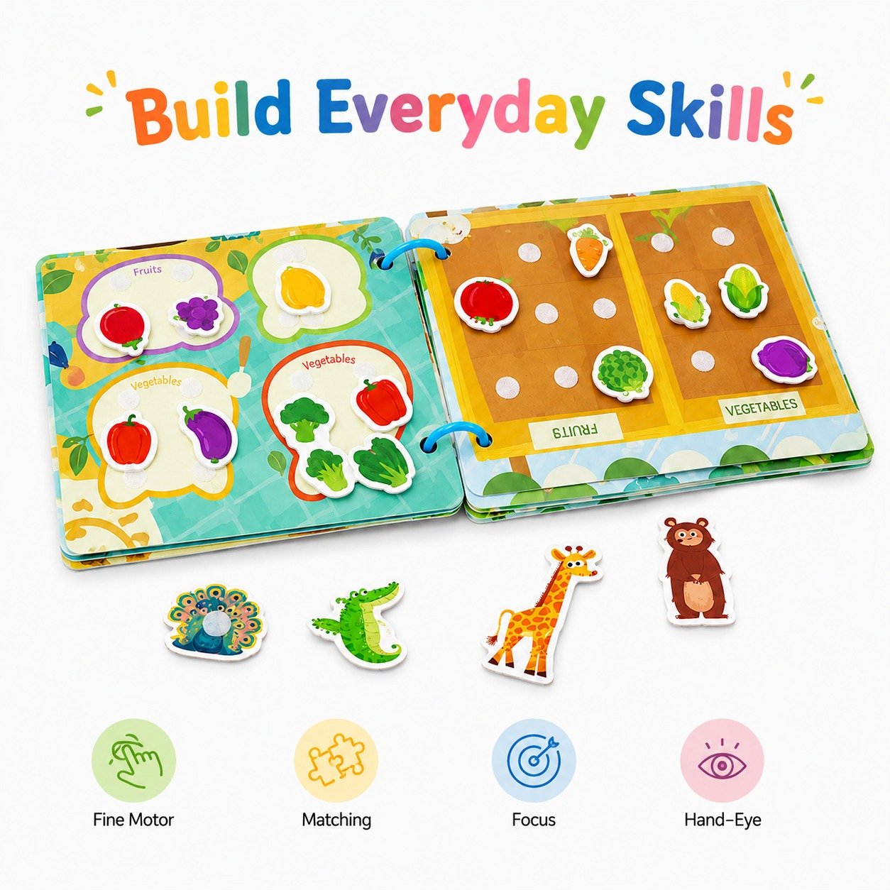 Skills the busy book builds - fine motor, matching, focus, hand-eye