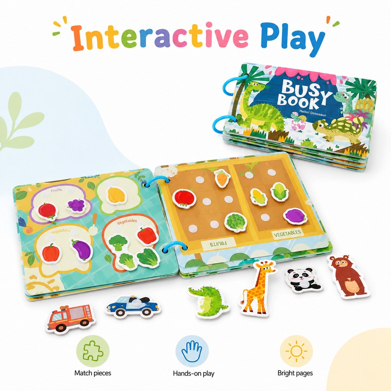 Interactive busy book with peel and stick pieces
